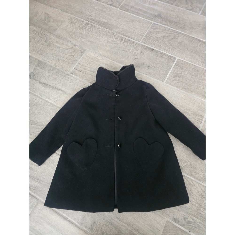Gymboree Girls Black Heart Pocket Faux Fur Collar Pea Coat 3T